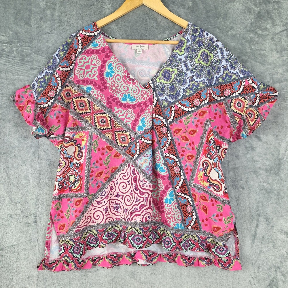 Womens Top Large Bandana Print Patchwork Floral Boho‎ Hippie Retro Ruffle Casual